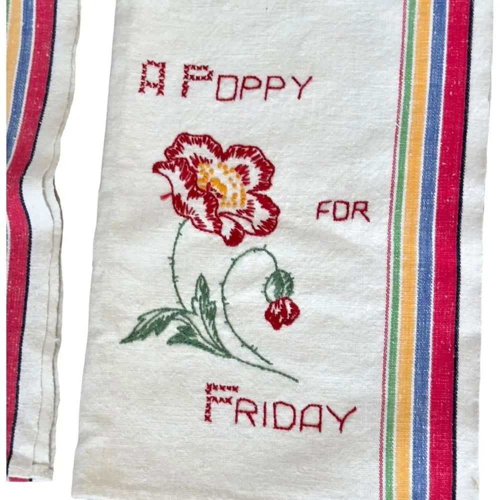 Vintage Days of the Week Set of 6 Colorful Embroidered Flower Dish Towels.